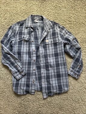 Carhartt Men's Navy and Light Gray Plaid Button-Up Shirt